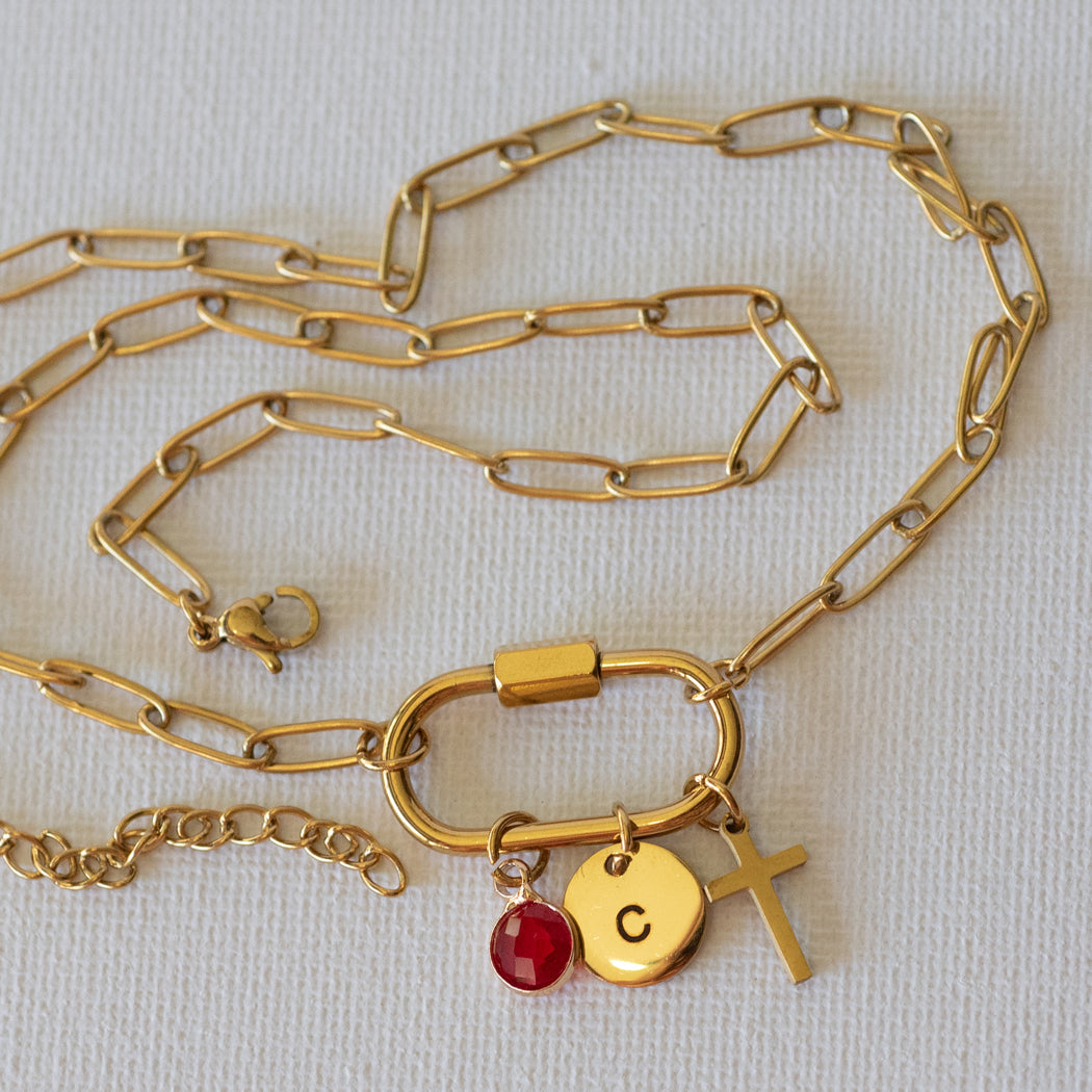 Personalized Paper Clip Buckle chain with Initial Disc & Birthstone Necklace - Necklace