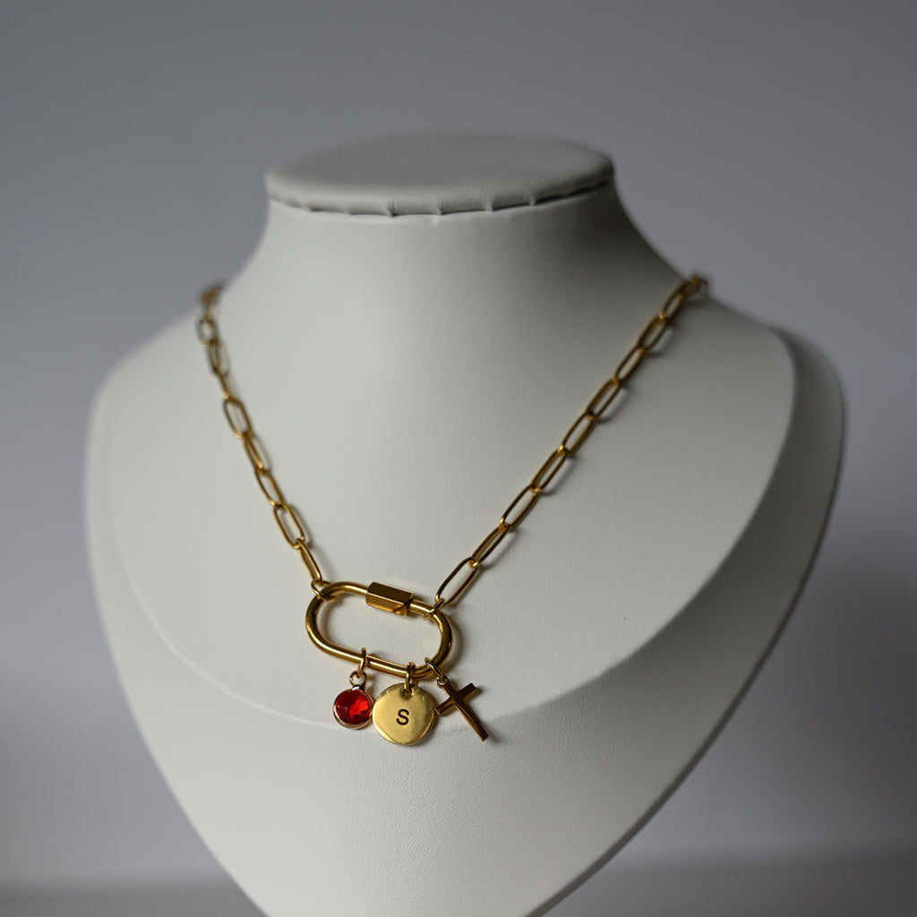 Personalized Paper Clip Buckle chain with Initial Disc & Birthstone Necklace - Necklace