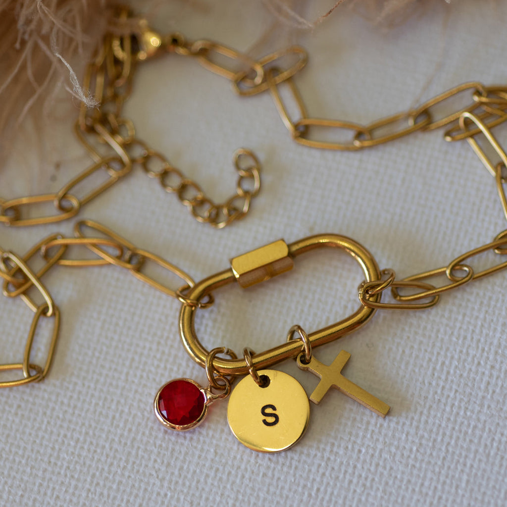 Personalized Paper Clip Buckle chain with Initial Disc & Birthstone Necklace - Necklace