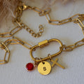 Personalized Paper Clip Buckle chain with Initial Disc & Birthstone Necklace - Necklace