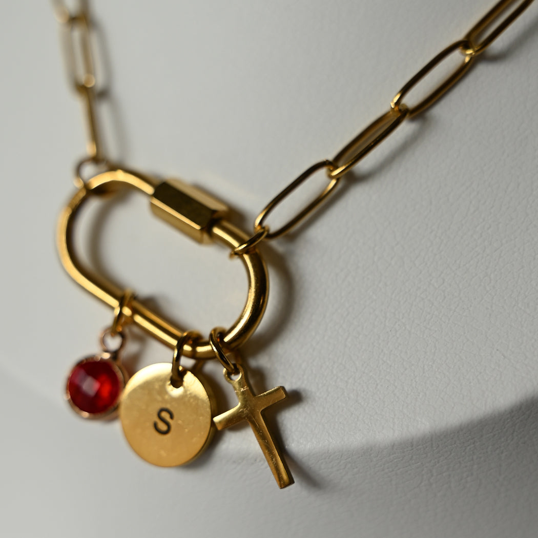 Personalized Paper Clip Buckle chain with Initial Disc & Birthstone Necklace - Necklace