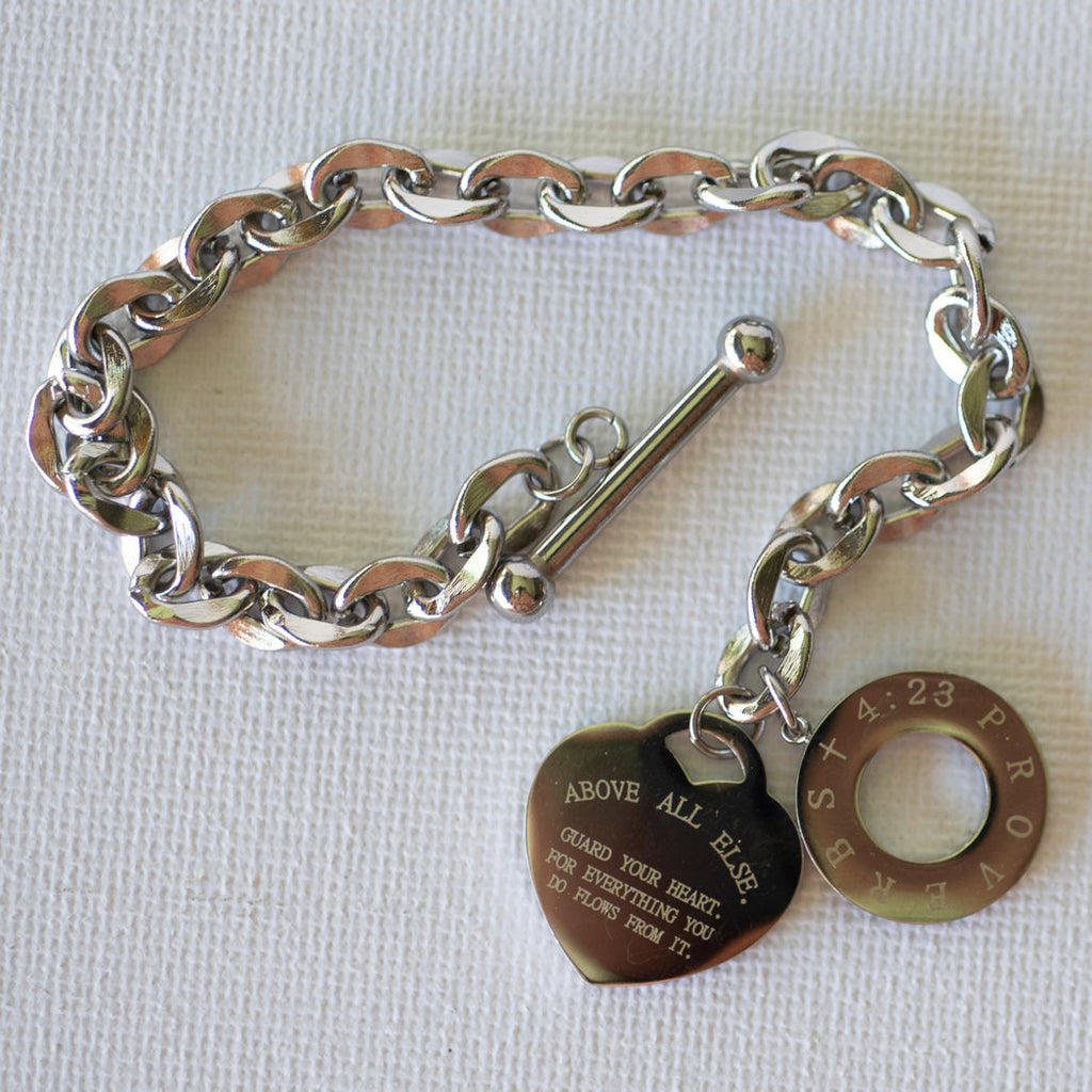 Proverbs 4:23 OT Clasp & Heart-Shaped Charm Bracelet - Bracelet