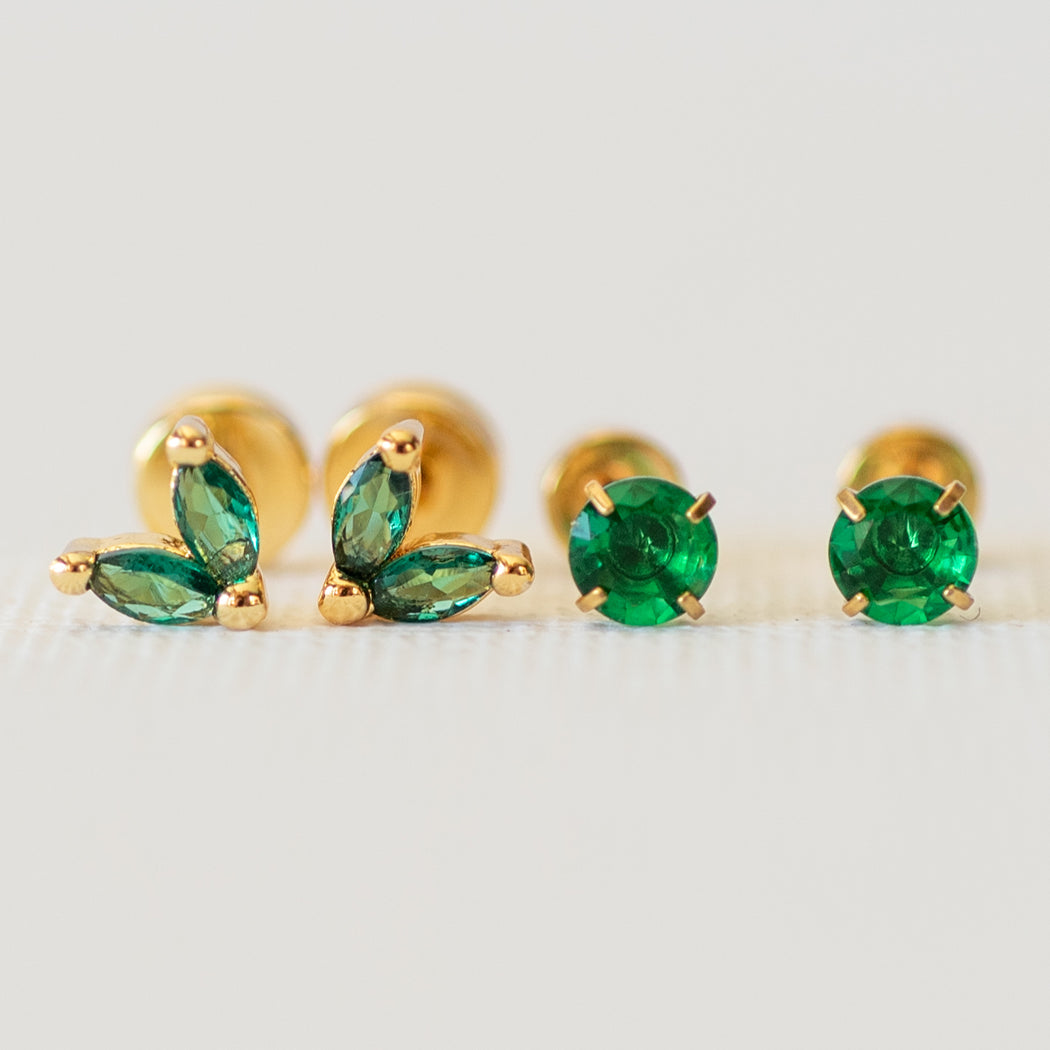 Two Pairs Gold Flat Back Studs with Green Zirconia Stone - Earrings