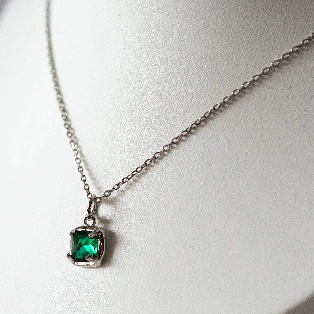 Vintage Square Emerald Zirconia Pendant Necklace, 925 Sterling Silver - Necklace