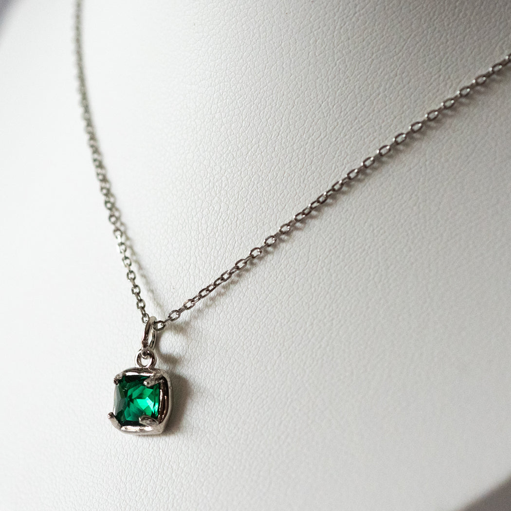 Vintage Square Emerald Zirconia Pendant Necklace, 925 Sterling Silver - Necklace