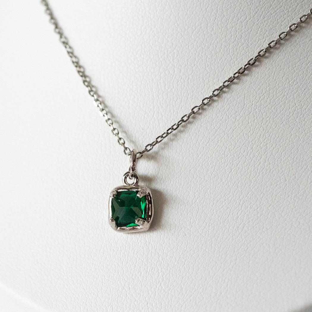 Vintage Square Emerald Zirconia Pendant Necklace, 925 Sterling Silver - Necklace